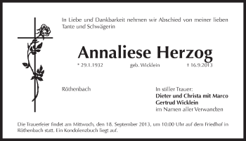 Traueranzeige von Annaliese Herzog von Pegnitz-Zeitung